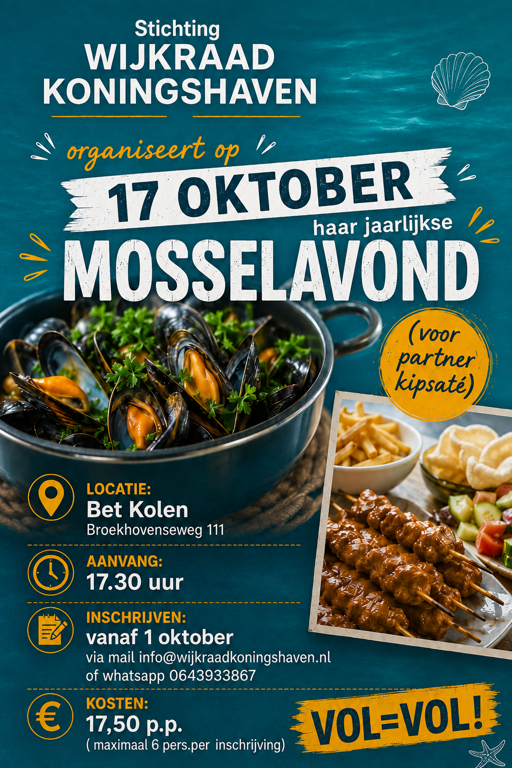 Flyer van de jaarlijkse Mosselavond van Stichting Wijkraad Koningshaven op 17 oktober